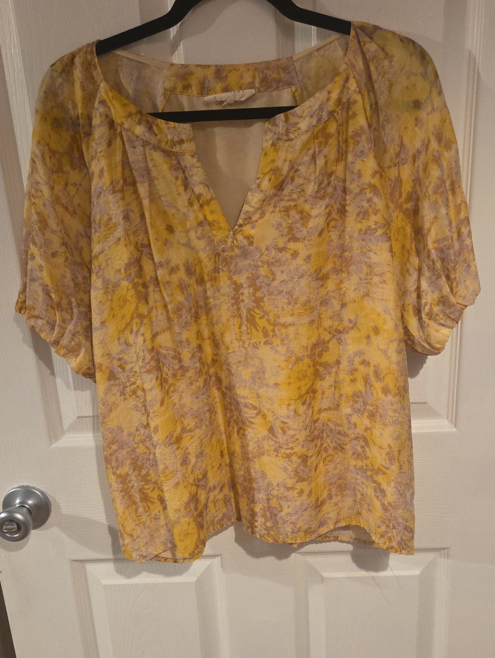 Yellow Floral Short-Sleeve V-Neck Blouse